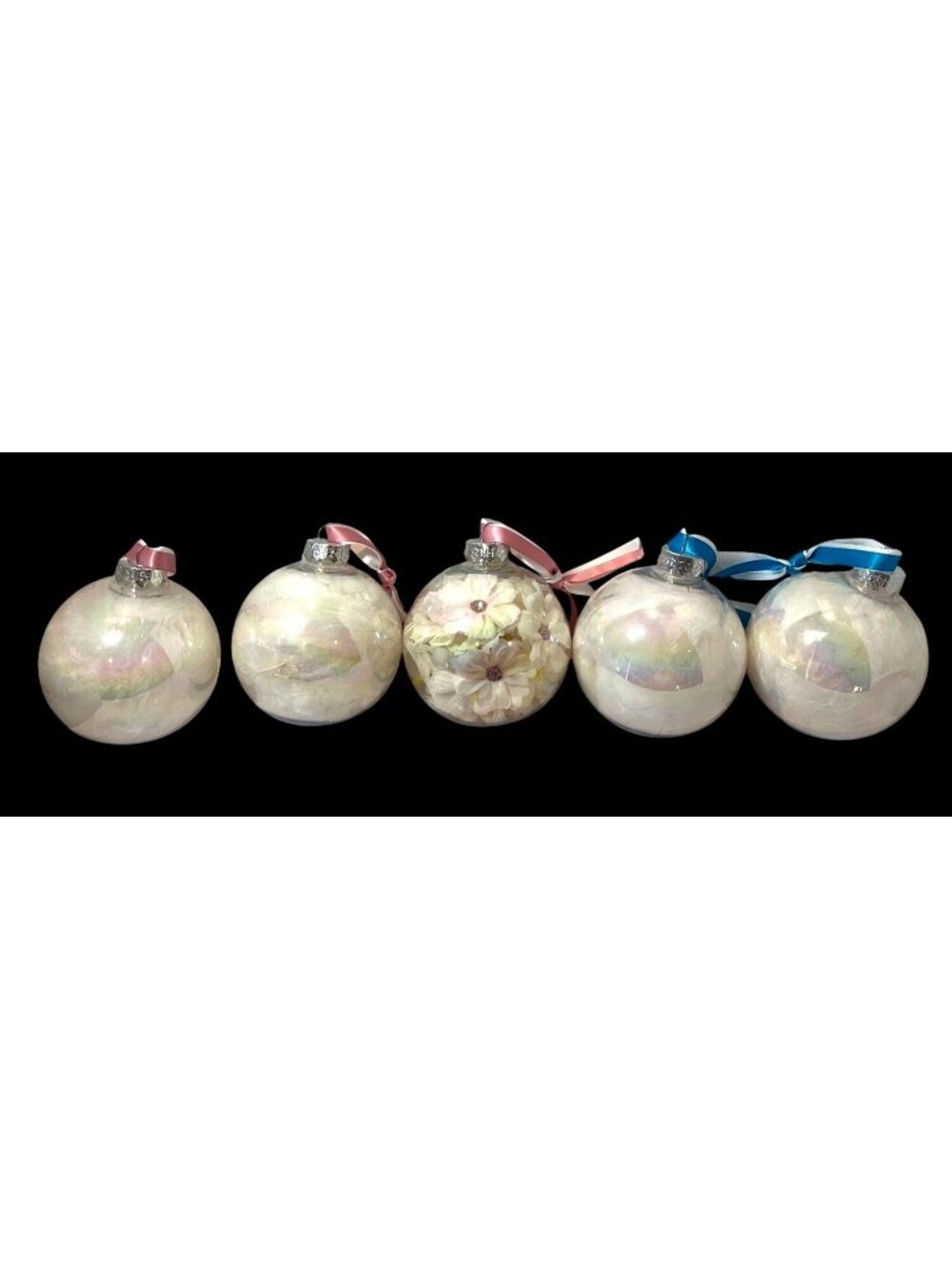 Handcrafted Iridescent Floral and Feather Christmas Ornaments Set with Delicate